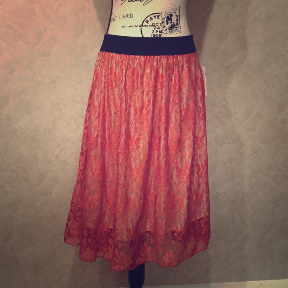 salmon lace midi skirt